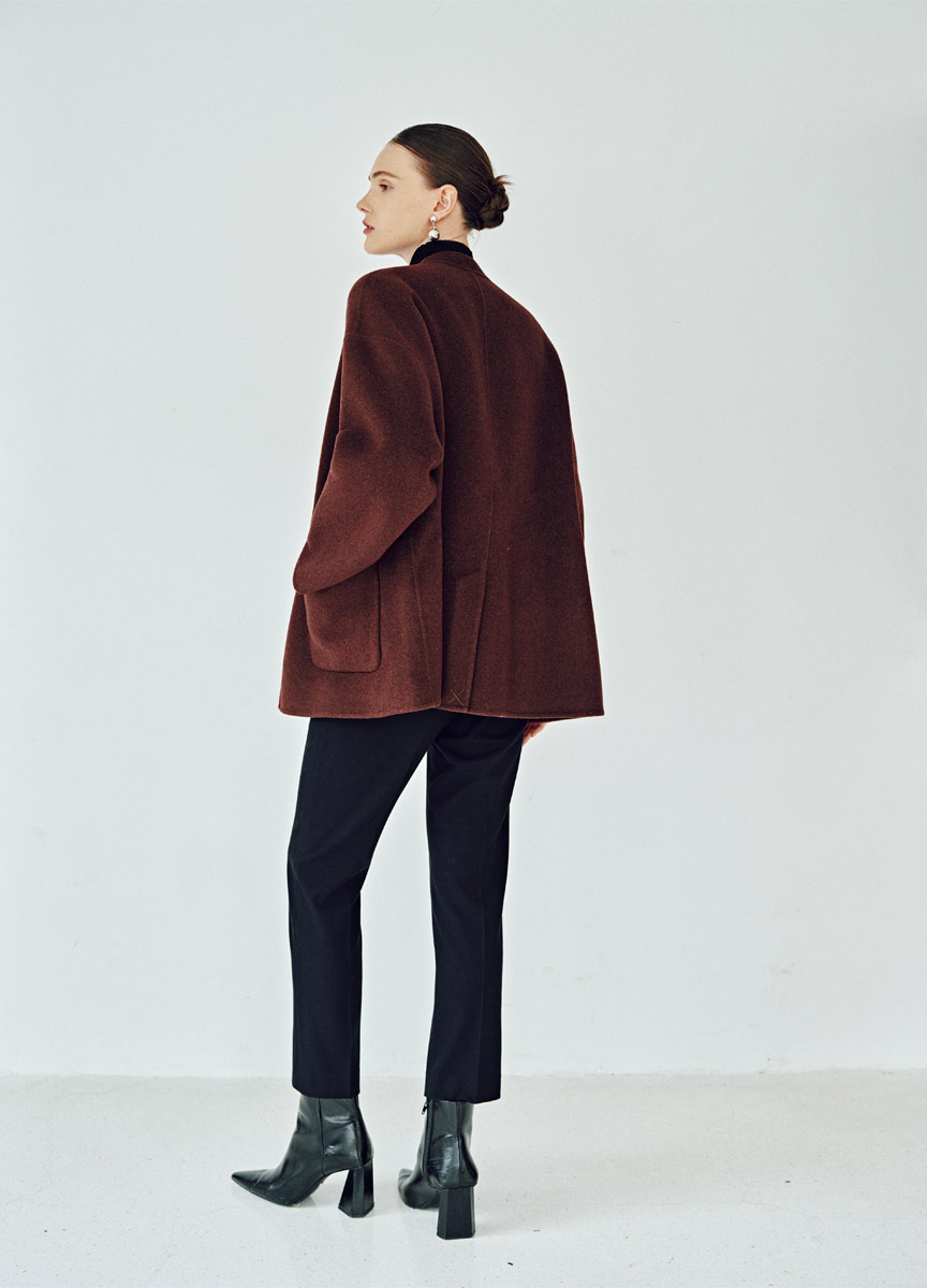 質感混羊絨無領口袋短大衣